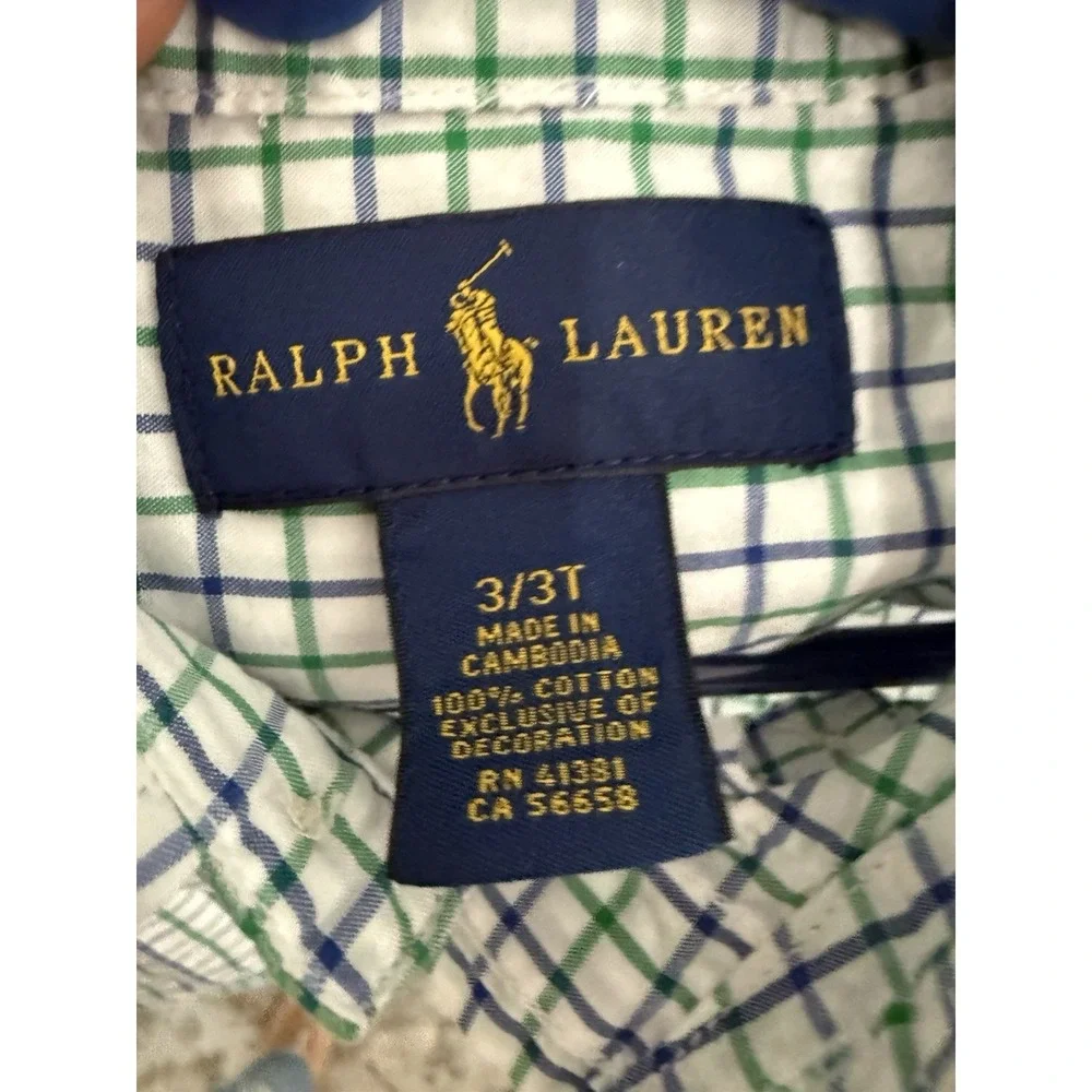 Ralph Lauren Toddler Boys Plaid Button Down Shirt White Blue Green Size 3T